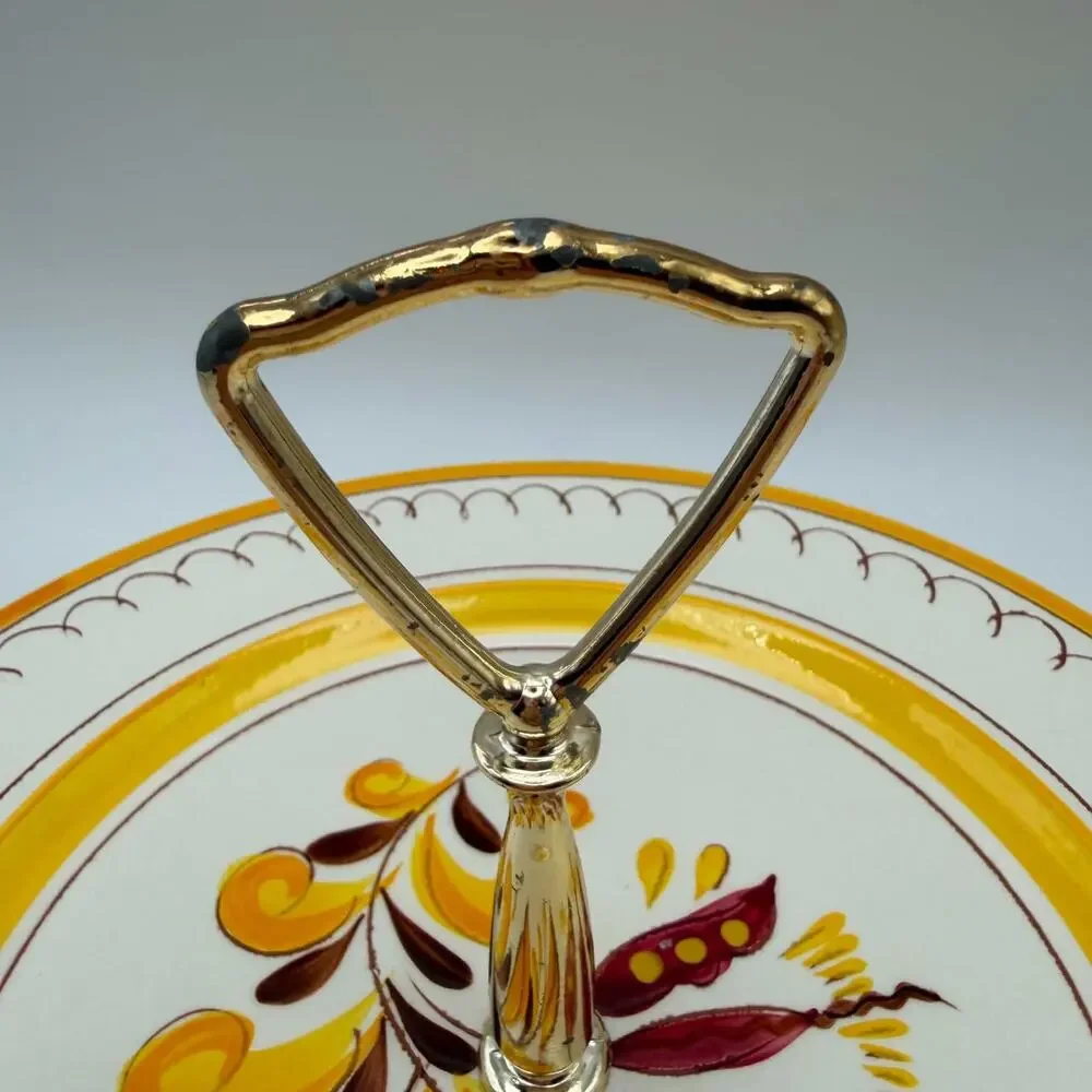 Vintage Stangl Pottery Server Tray Plate Yellow Provincial Pattern Gold Handle